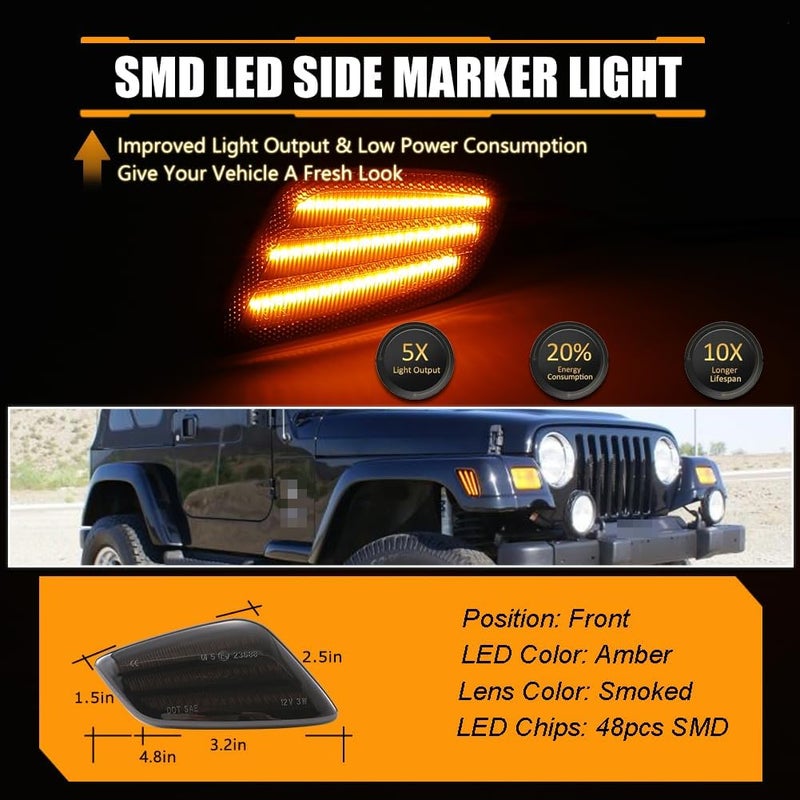 OFFKAT New 2 PCS Front Fender LED Side Marker Lights for 1997-2006 Je-ep Wrangler TJ, TJ Smoked Lens Side Markers Turn Signal Light, [Ultra-Bright] Amber LED Side Bumper Marker Lamp - Image 4